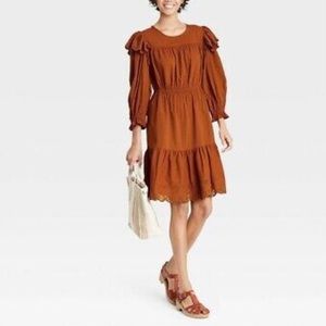 UNIVERSAL THREAD Rusty Orange Ruffle Eyelet Long Sleeve Dress Cottagecore Size M